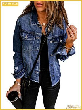 Women's Distressed Boyfriend Denim Jacket Button Up Long Sleeve Lightweight